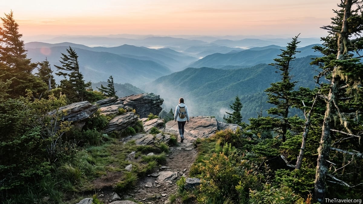 Hiker on Mount Le Conte trail at sunrise overlooking misty Smoky Mountain ridges.