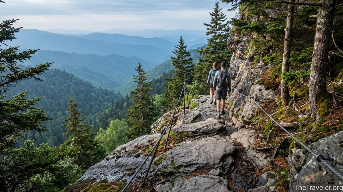 Hikers on the Alum Cave Trail approaching Mount Le Conte above a hazy Smoky Mountains valley.