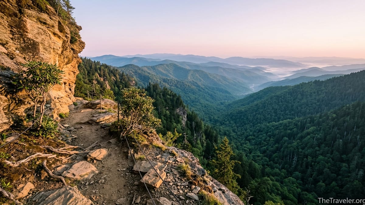 Cliffside section of Alum Cave Trail on Mount Le Conte overlooking Smoky Mountain ridges at sunrise.