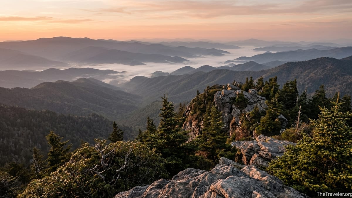 Sunrise over misty blue ridges in Great Smoky Mountains from a rocky high summit.