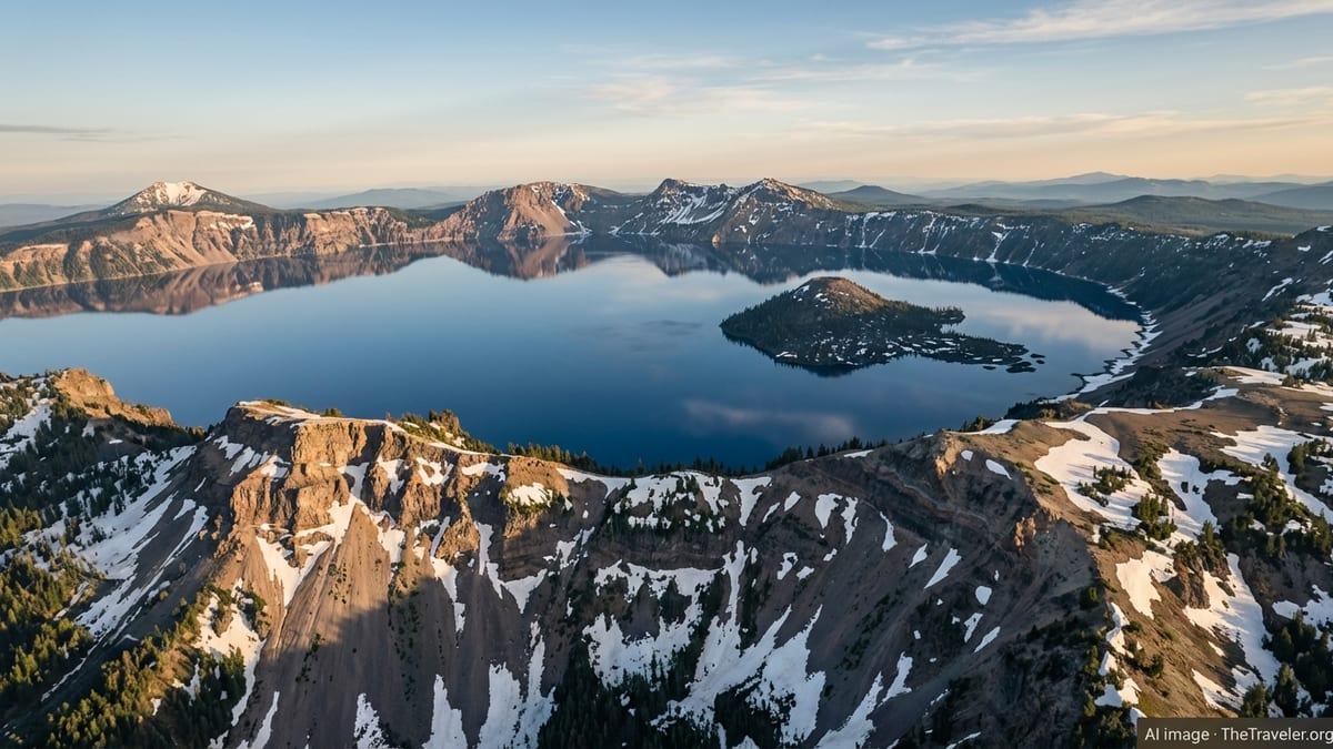 Aerial view of Crater Lake filling Mount Mazama’s caldera with Wizard Island and steep volcanic cliffs at sunrise.