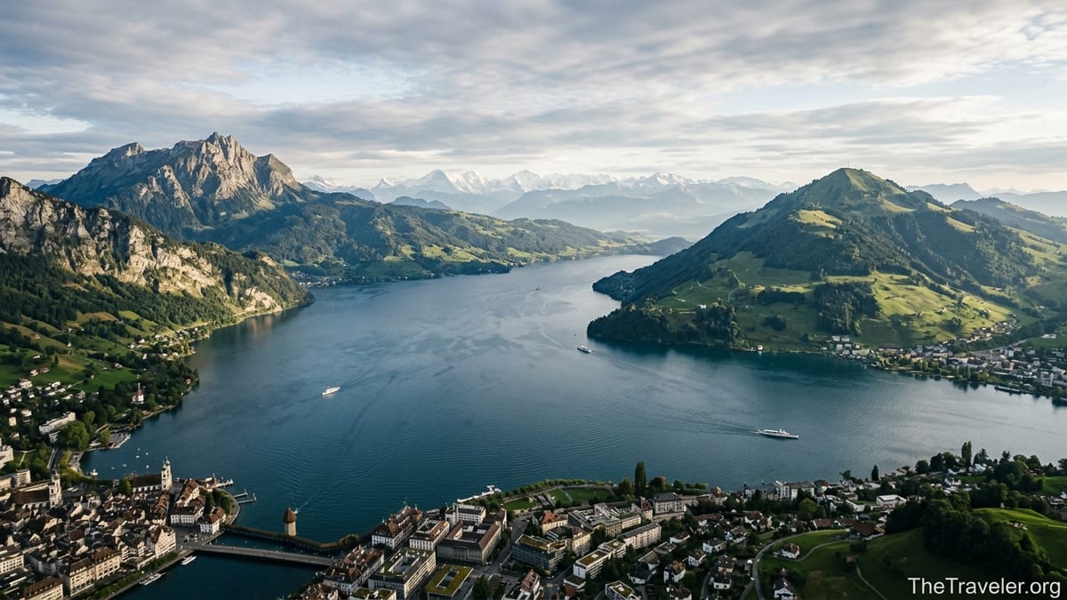 Aerial view of Lake Lucerne with Mount Pilatus and Mount Rigi on a clear afternoon.