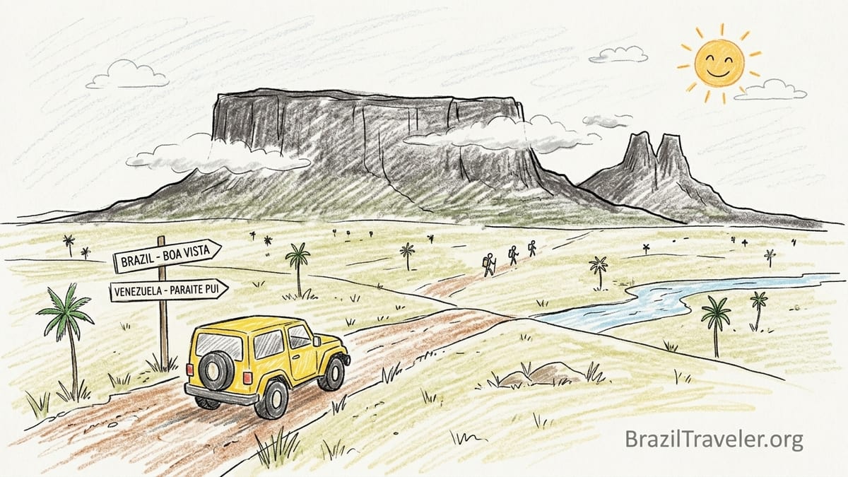 Trekkers hiking across the Gran Sabana toward the cliffs of Mount Roraima.