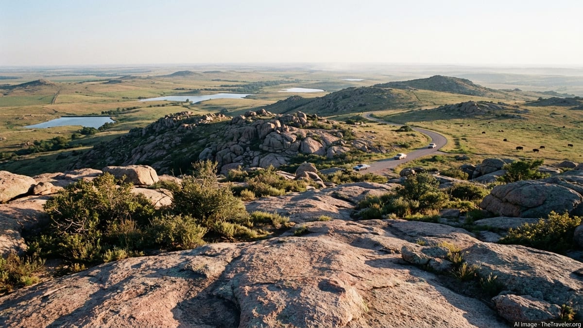 Panoramic view from Mount Scott over granite boulders, prairie and distant lakes in the Wichita Mountains Wildlife Refuge.