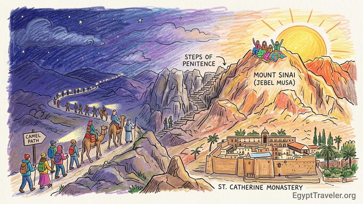 Hikers in warm layers wait for sunrise on the rocky summit of Mount Sinai above St Catherine, Egypt.
