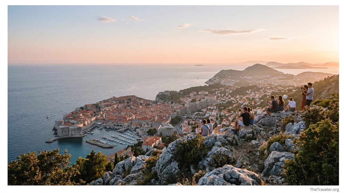 Sunset view over Dubrovnik Old Town and the Adriatic from Mount Srđ summit.