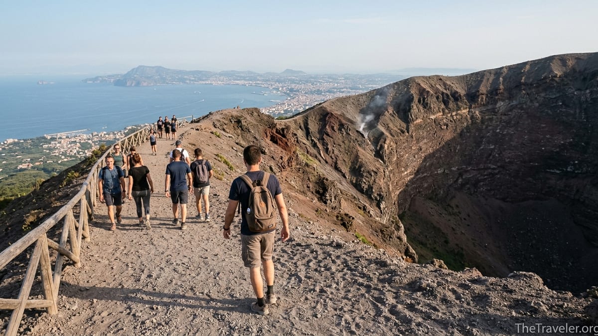 Hikers walking along the Gran Cono trail toward the crater of Mount Vesuvius above the Bay of Naples.