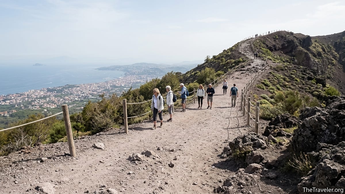 Hikers on the gravel trail up Mount Vesuvius with Naples and the Bay of Naples in the distance.