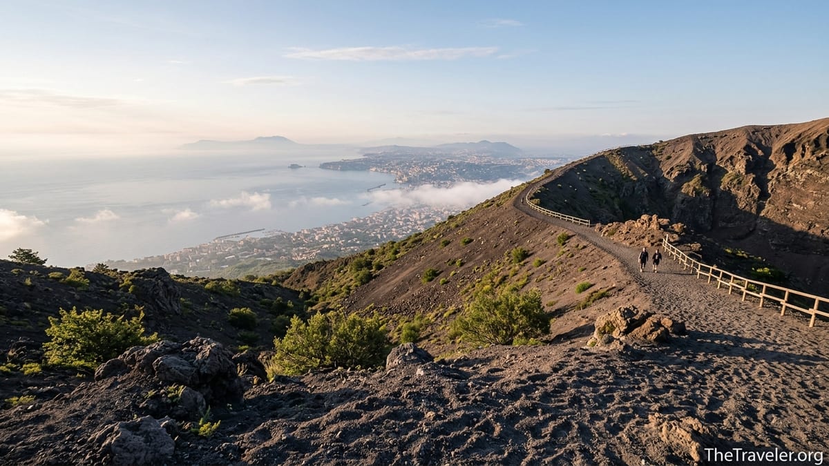 Hikers on Mount Vesuvius trail overlooking the Bay of Naples at sunrise