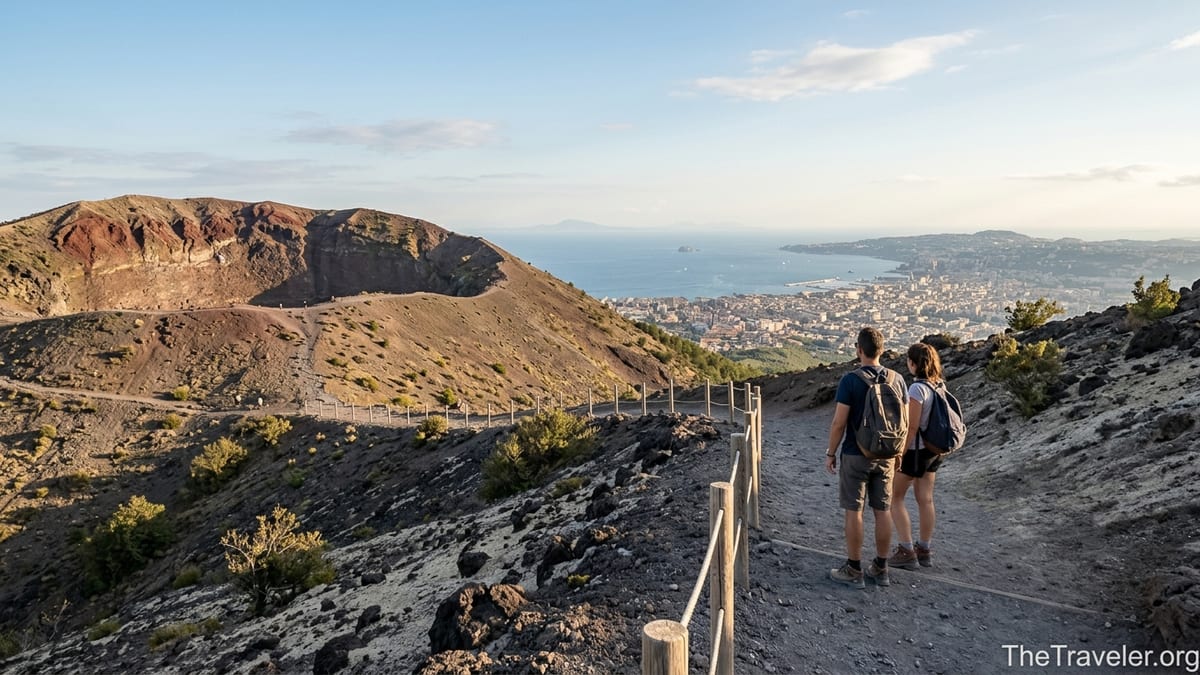 Hikers on the ash trail of Mount Vesuvius overlooking Naples and the Bay of Naples on a clear afternoon.