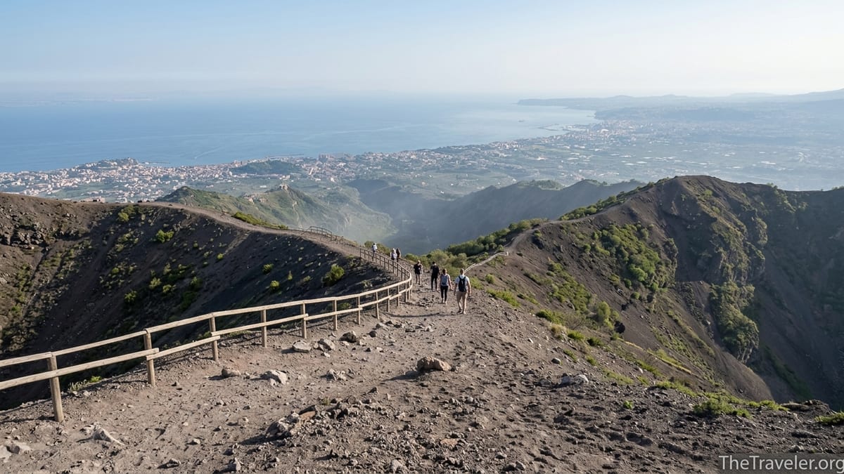 View from Mount Vesuvius trail overlooking Pompeii and the Bay of Naples