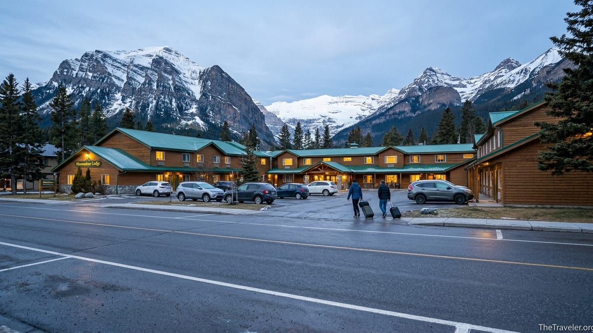 Early morning view of Mountaineer Lodge in Lake Louise village with Rockies peaks behind.