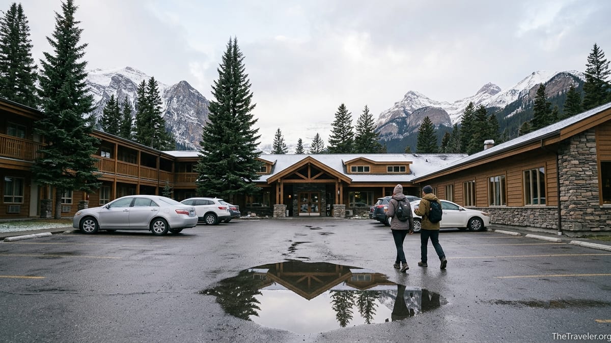 Morning view of Mountaineer Lodge in Lake Louise with guests walking in from the parking lot and Rockies in the background.
