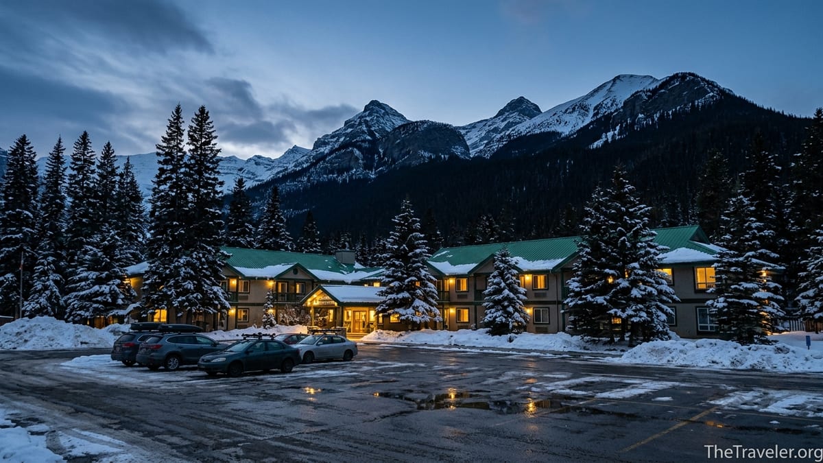 Mountaineer Lodge buildings in snowy Lake Louise village with mountains in the background.