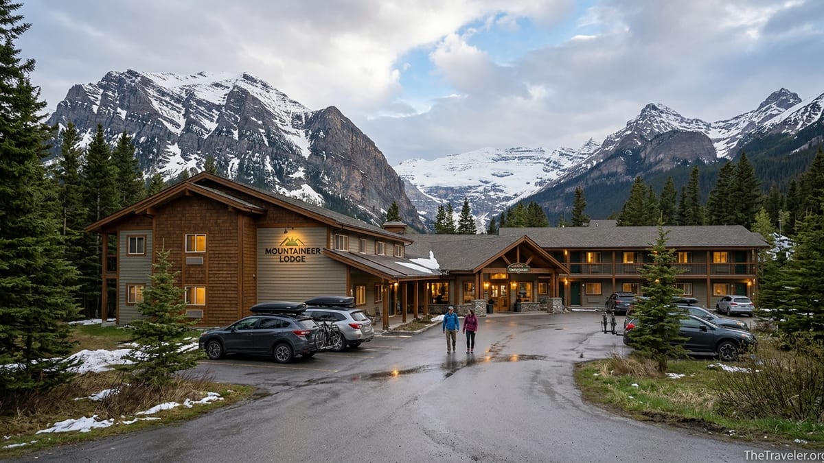 Mountaineer Lodge in Lake Louise village with Rockies rising behind at dusk