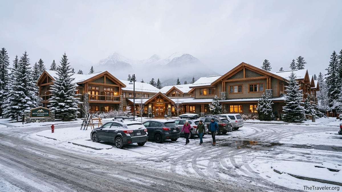 Mountaineer Lodge in Lake Louise with snowy parking lot and guests arriving in winter.