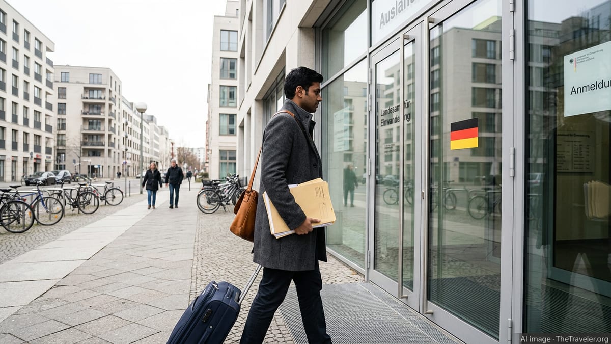 Foreign professional walking toward a German immigration and registration office with documents and suitcase.