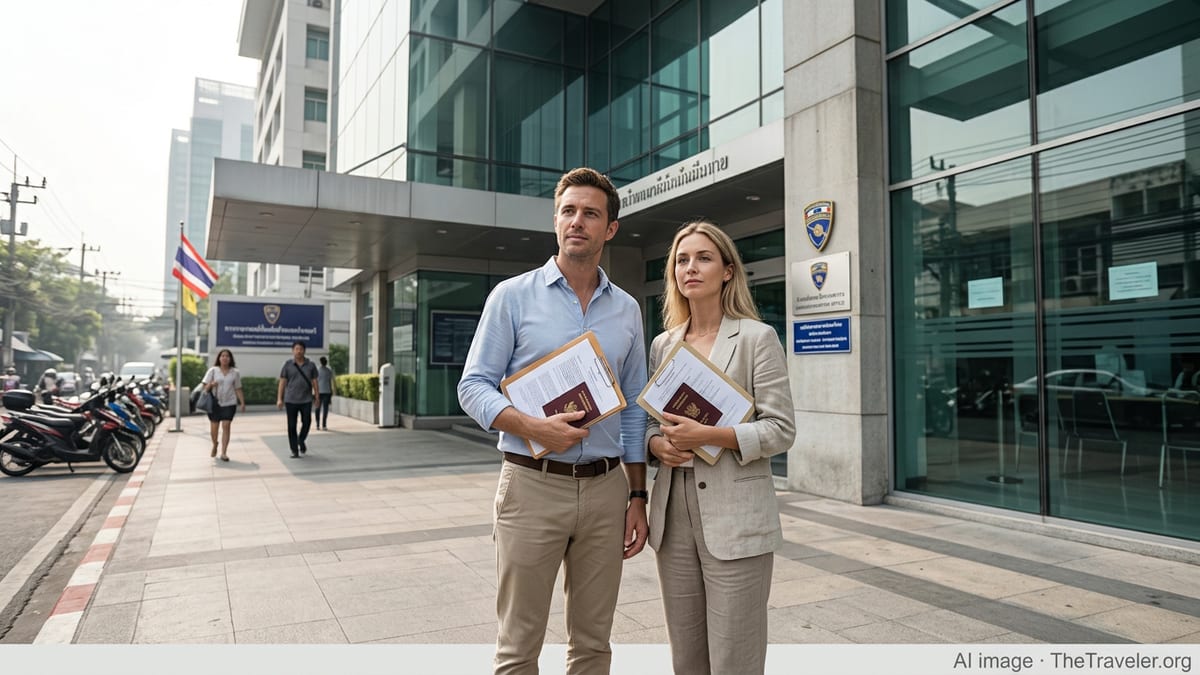 Foreign couple with documents outside a Thai immigration office in Bangkok.