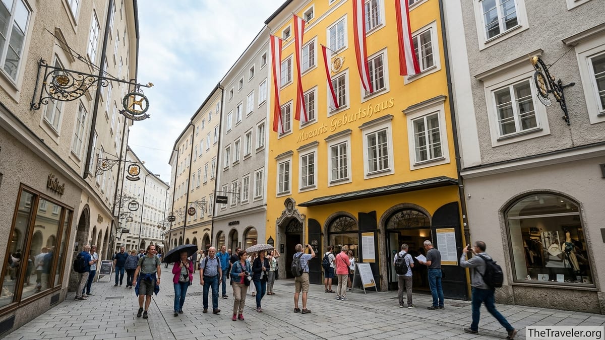 Visitors outside Mozart’s Birthplace on Getreidegasse in Salzburg’s Old Town.