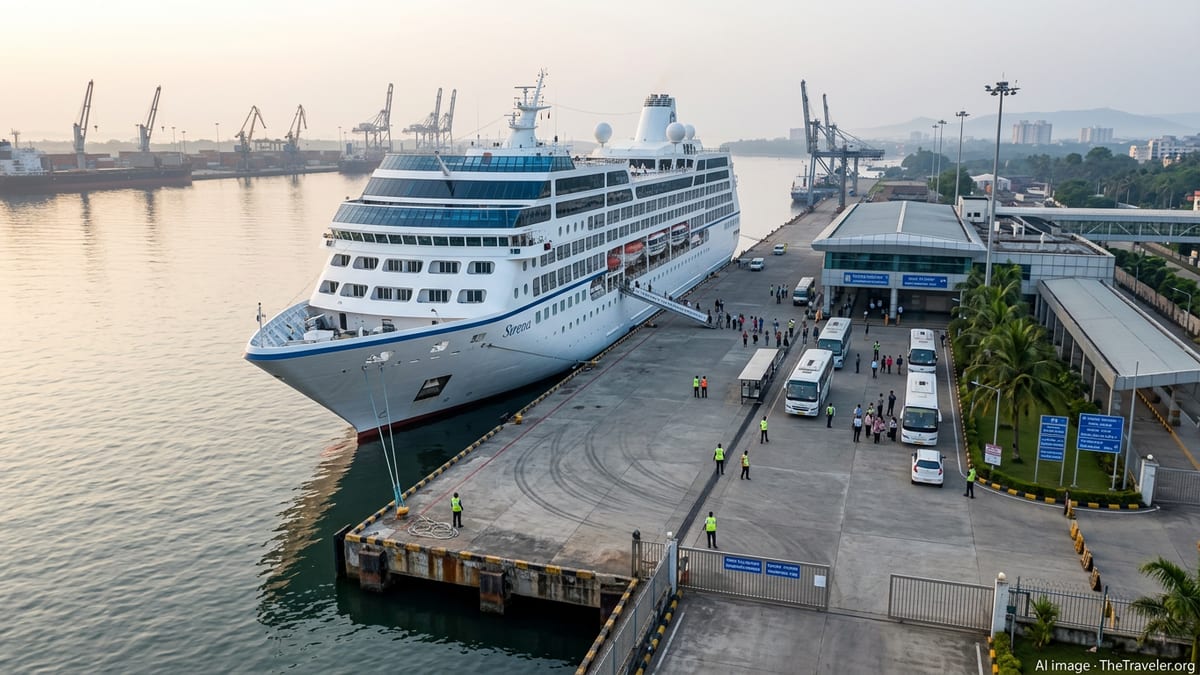 MS Sirena cruise ship berthed at New Mangalore Port with tourists disembarking to waiting coaches.