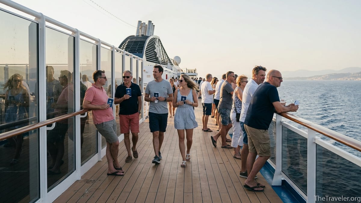 Passengers on deck of an MSC cruise ship holding cruise cards and looking out to sea at sunset.