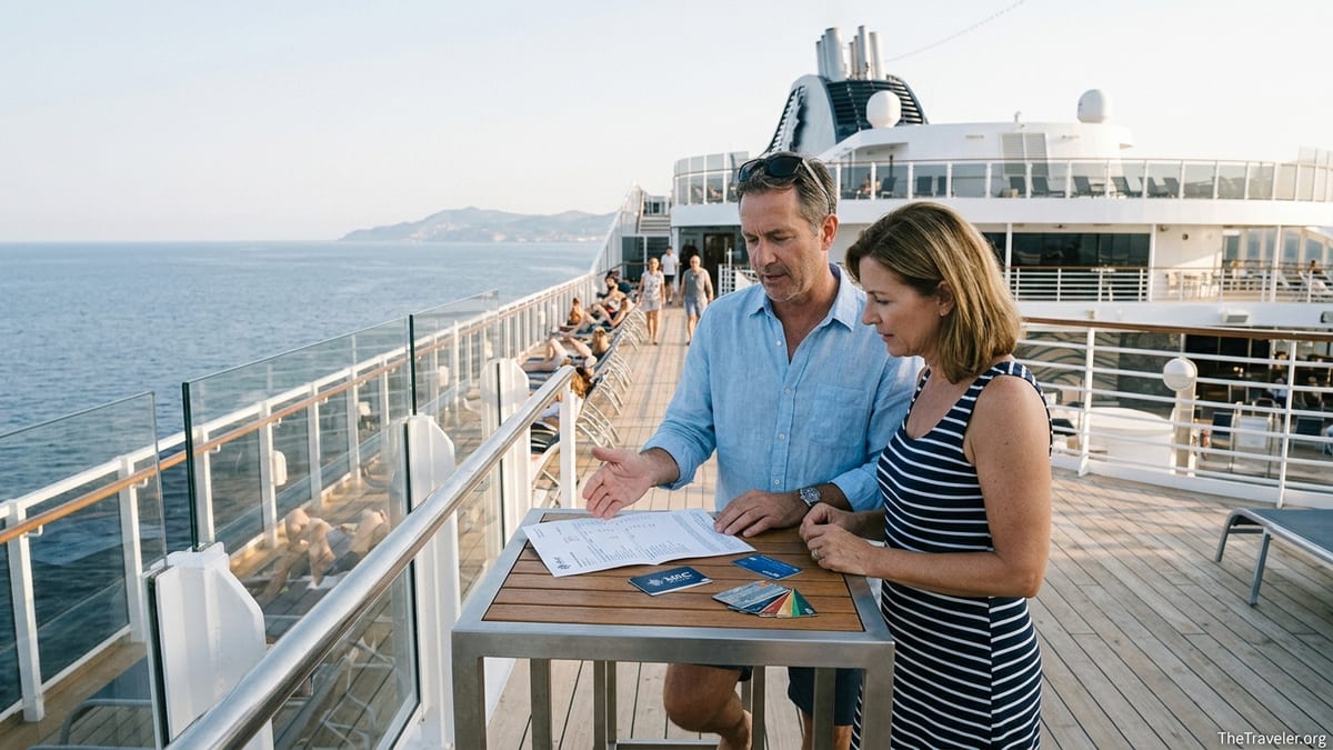 Couple on MSC cruise deck reviewing cruise cards and credit cards beside onboard statement.