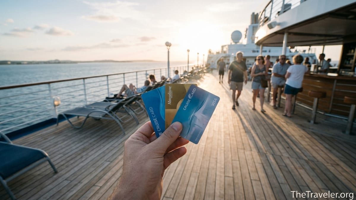 Traveler holding several cruise cards on an open deck at sunset with sea in the background.