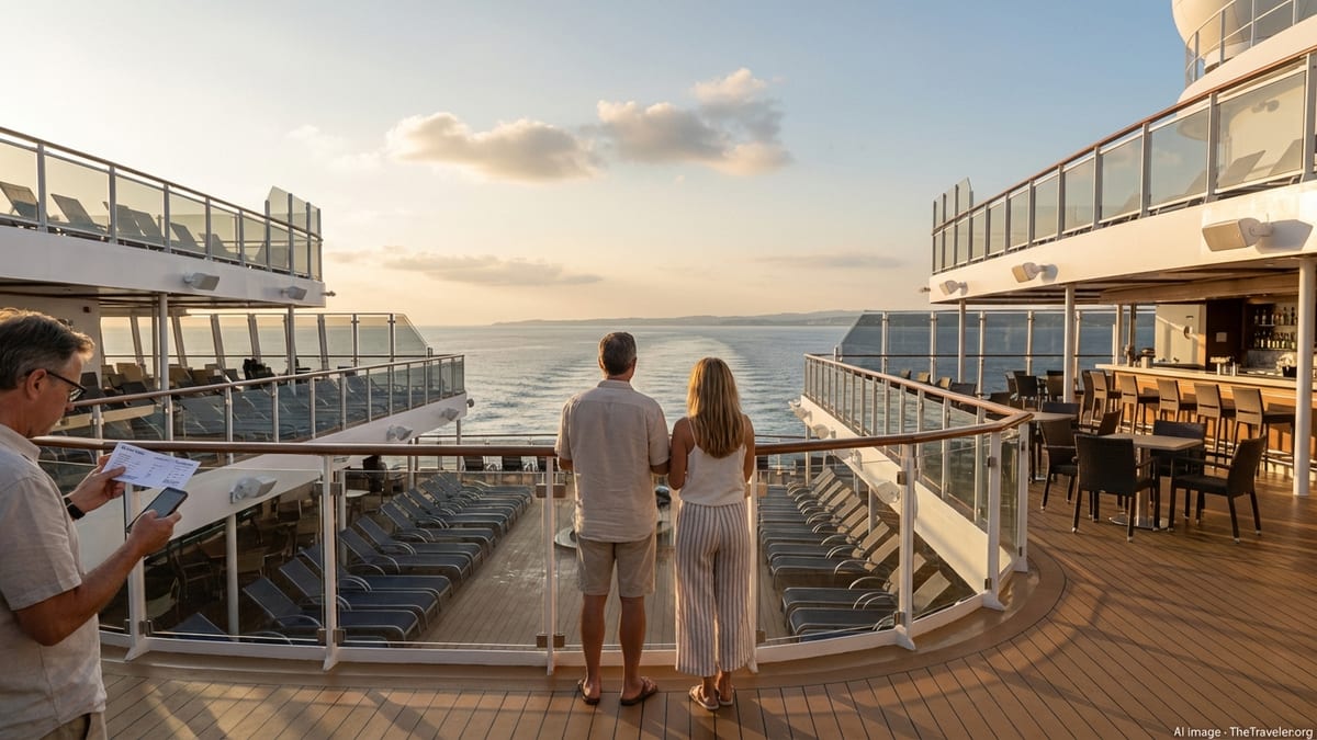 Passengers on an MSC cruise ship deck at sunset reviewing documents while looking out to sea.