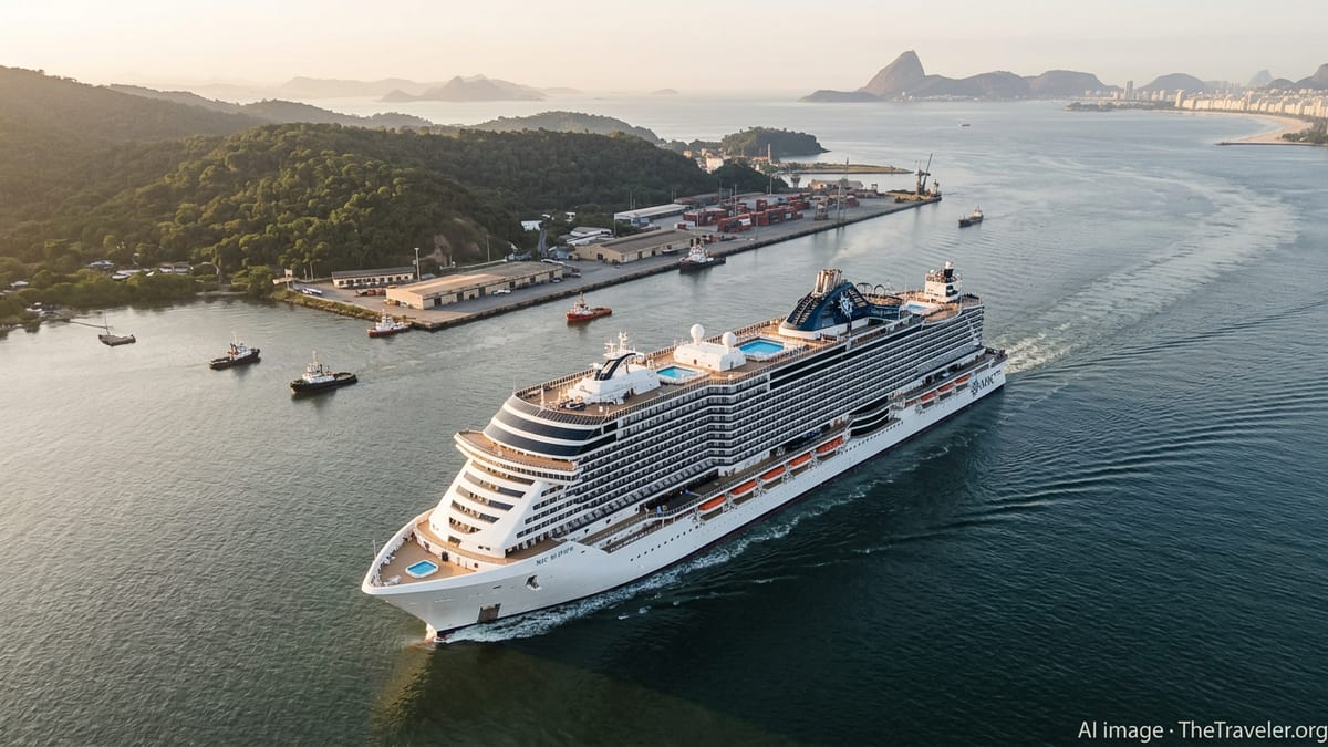 Aerial view of an MSC cruise ship departing the Brazilian coast near Rio, Paranaguá and Itajaí at golden hour.