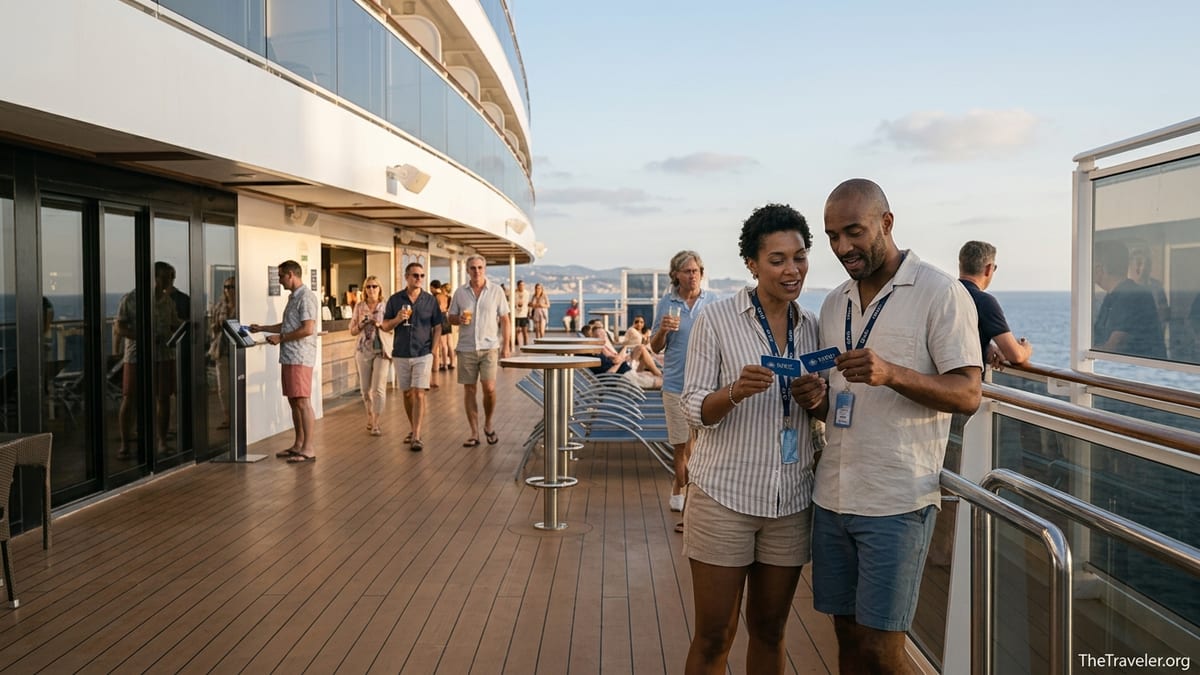 Couple on an MSC cruise ship deck reviewing their cruise cards at sunset