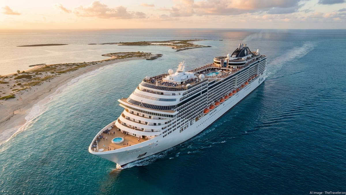 MSC cruise ship sailing past a sandy Caribbean island with turquoise water at sunrise.