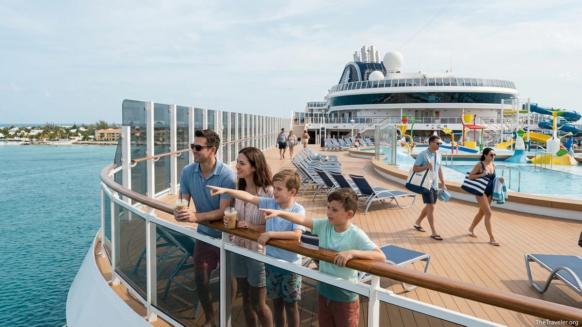 Family on deck of an MSC cruise ship overlooking the sea and pool area