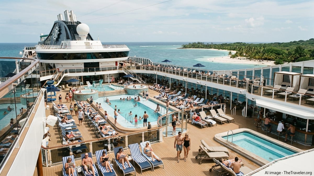 Top-deck view of an MSC cruise ship beside a tropical island with pools and sun decks.