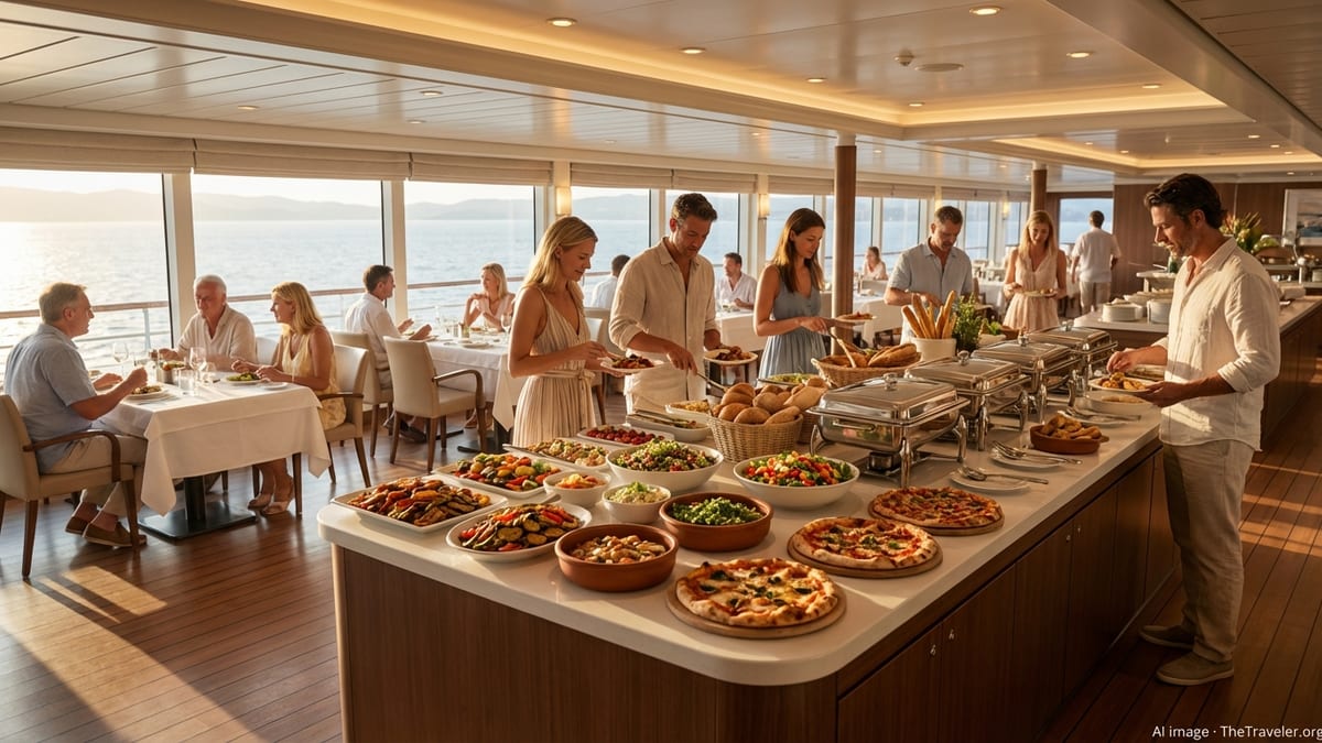 Guests dining and serving themselves at an MSC Cruises buffet with ocean views.