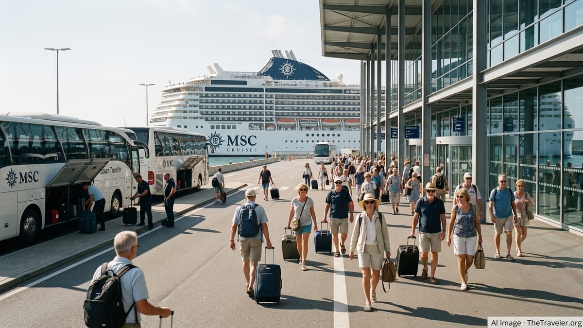 Passengers with luggage walking toward an MSC cruise ship and transfer buses at a busy port terminal.