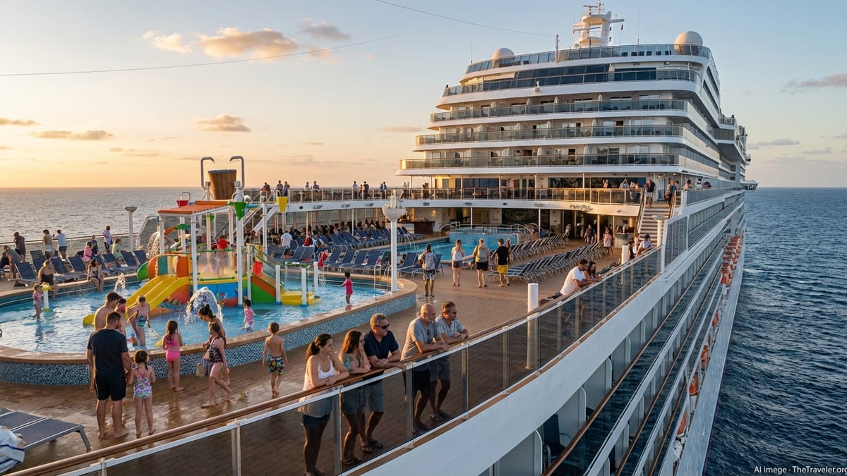 MSC cruise ship at sea with families and couples on deck at sunset