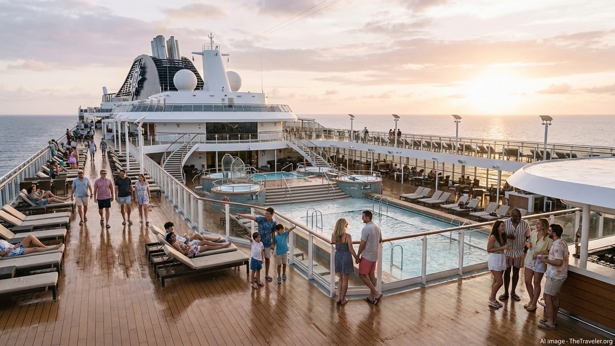 Passengers stroll the open deck of a modern MSC cruise ship at sunset, with pools, glass railings, and the sea in the背景.