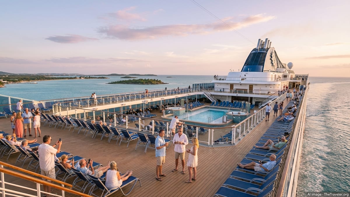 Passengers relax on deck of an MSC cruise ship at sunset departing a tropical port.