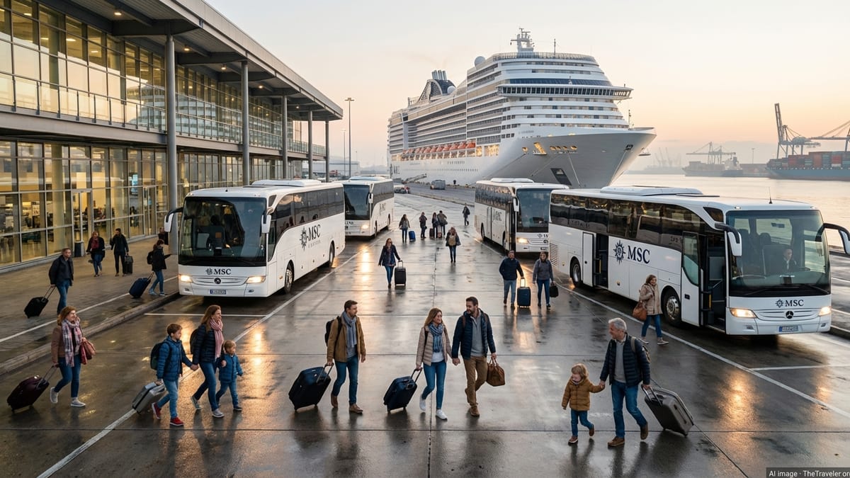 Passengers boarding shuttle buses beside an MSC cruise ship at a busy port terminal.