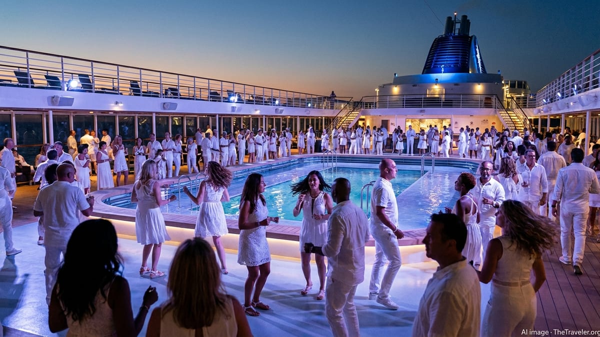 Guests in white outfits dancing on the open deck of an MSC cruise ship at sunset during a theme night party.