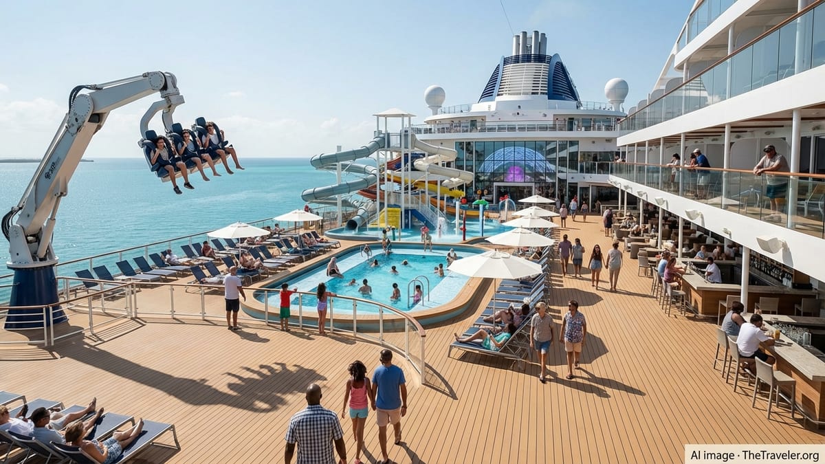 Busy upper deck of an MSC cruise ship with waterpark, pools and thrill ride in sunny weather.