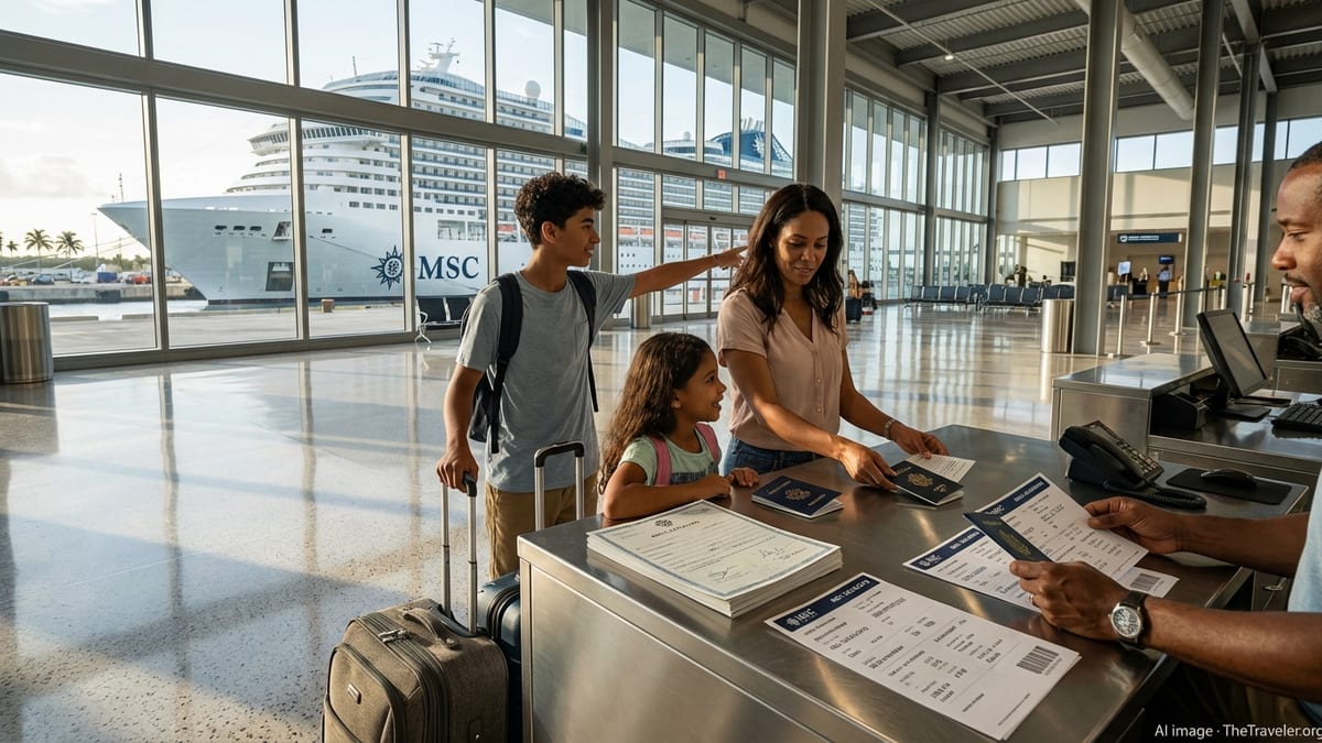 Family presenting passports and cruise boarding passes at an MSC terminal check in desk.