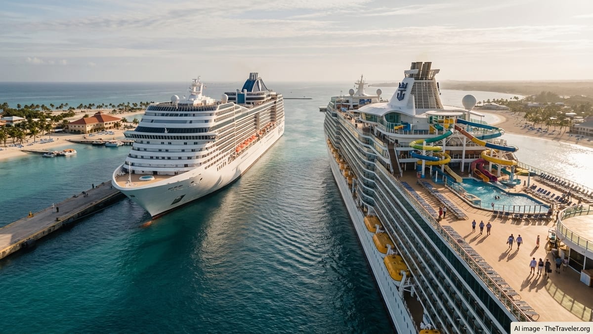 Aerial view of MSC and Royal Caribbean cruise ships docked side by side in a Caribbean port.