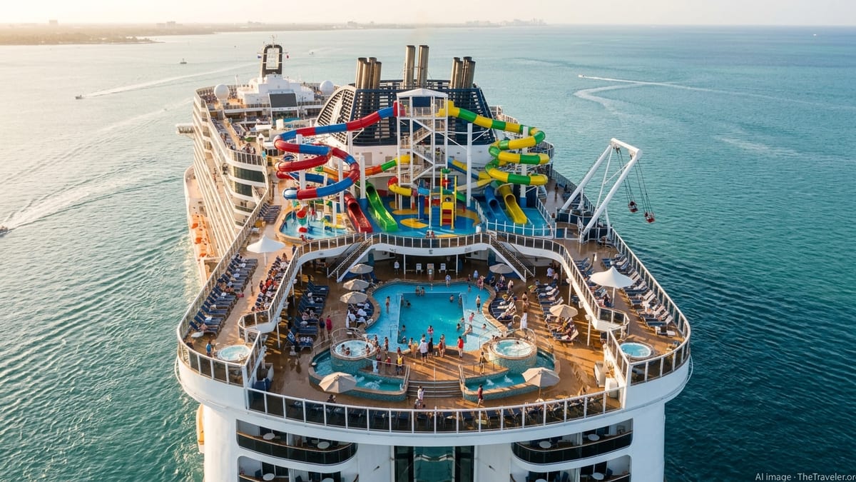 Aerial view of an MSC cruise ship’s expanded waterpark and pool decks packed with families at sea.