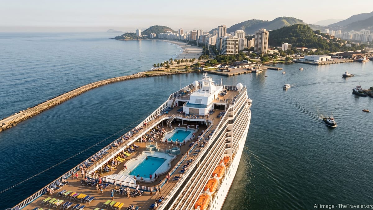 Aerial view of MSC Musica sailing from a Brazilian coastal city at sunset.