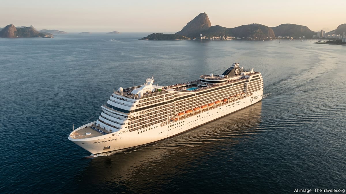 Aerial view of MSC Musica cruising off Rio de Janeiro with Sugarloaf Mountain behind.