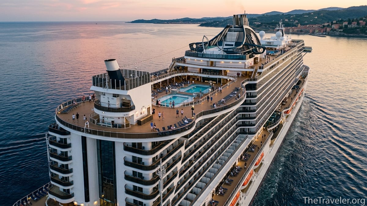 MSC Seaview sailing at sunset with outdoor pools, promenade and glass bridges visible.