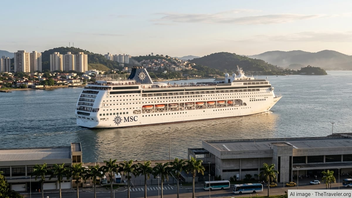 MSC Sinfonia departing Santos, Brazil at sunset with city skyline and hills behind.