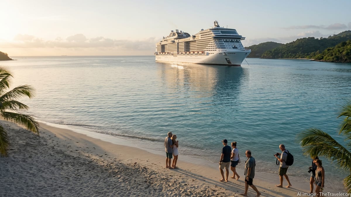 MSC Virtuosa anchored off a tropical island as travelers walk along a quiet Caribbean beach at sunrise.