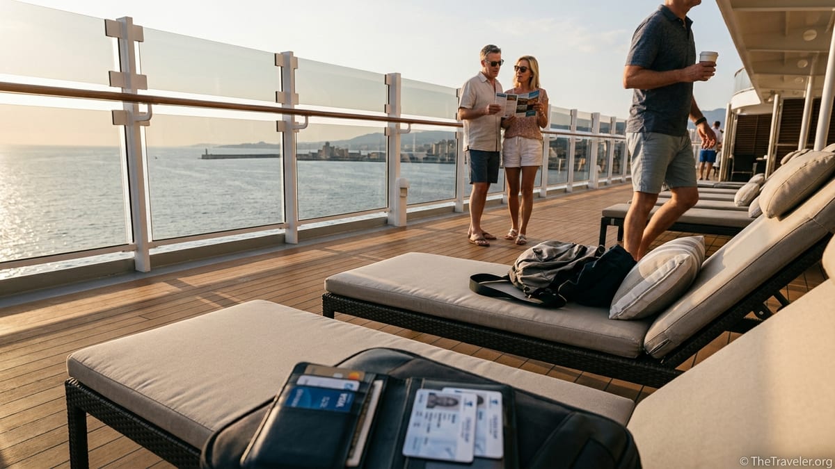 Cruise ship deck at sunset with travel cards and cruise ID cards on a lounger overlooking the sea.
